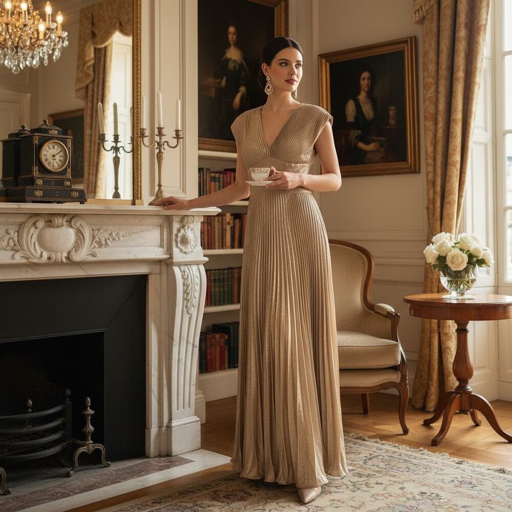 Taylor Dress Size 4 NWT Gold Pleated V‑Neck Gown Zip Closure
